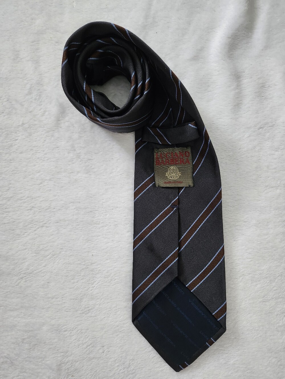 LUCIANO BARBERA Men's Silk Tie‎ Gray Brown Blue Diagonal Stripe Made In Italy